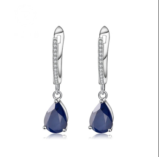 Natural Blue Sapphire Gemstone Drop Sterling Silver Earrings