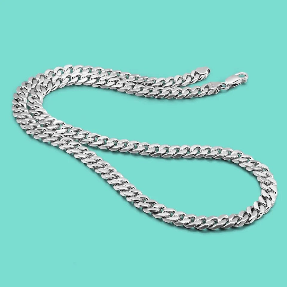 6.5MM Sterling Silver White Gold Plated Cuban Curb Chain Necklace for Men