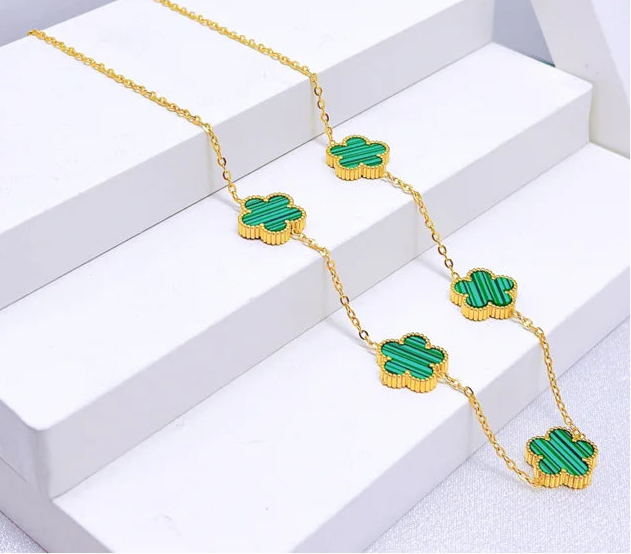 Five Leaf Flower Jewelry Set Stainless Steel Gold Plated Bracelet Necklace Earrings Plum Blossom Plant