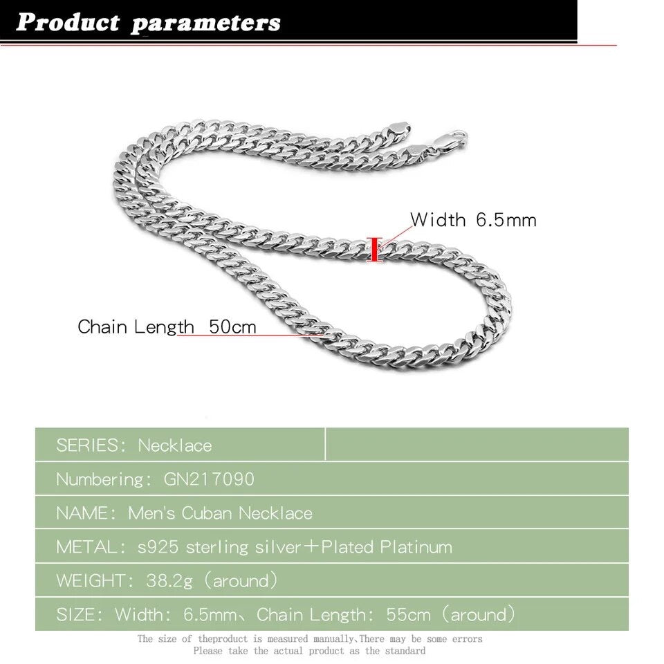 Men's Original Silver Necklace Classic 6.5MM Cuban Chain Sterling Silver Necklace Collection Jewellery