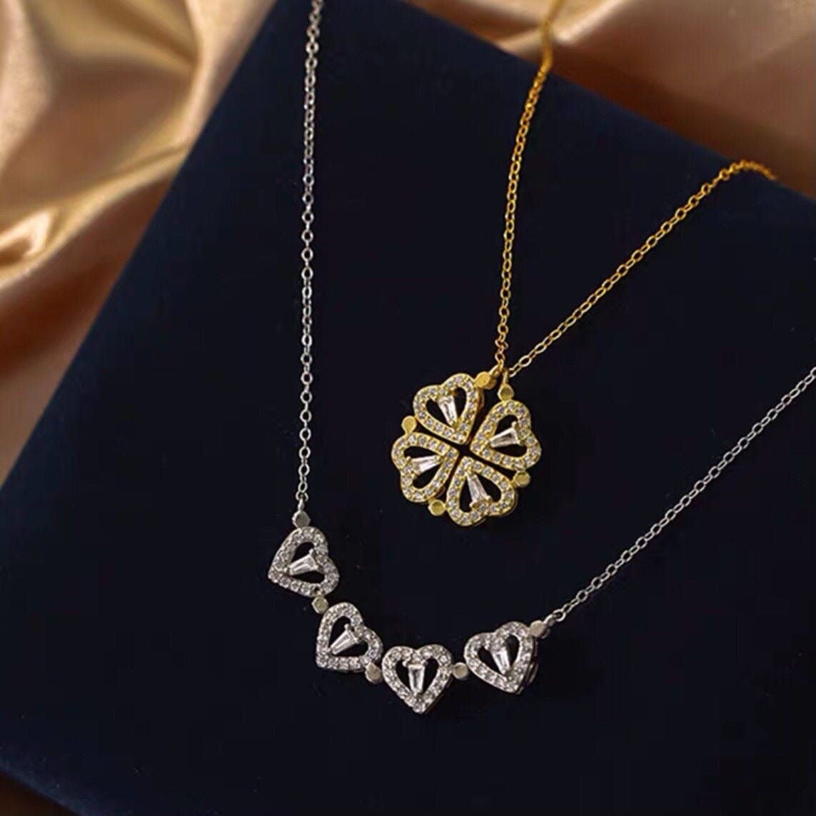 Retro Magnetic Folding Heart Shaped Four Leaf Clover Pendant Necklace Chain Openable Jewelry