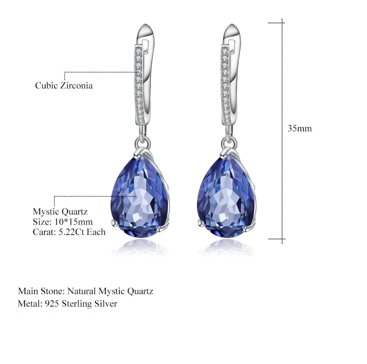 Natural Blue Mystic Quartz Gemstone Sterling Silver Water Drop Earrings