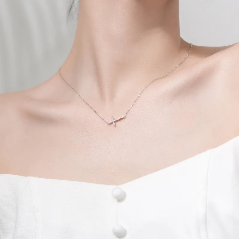 Sterling Silver Sideway Cross CZ Pendant Necklace for Women Girls jewellery