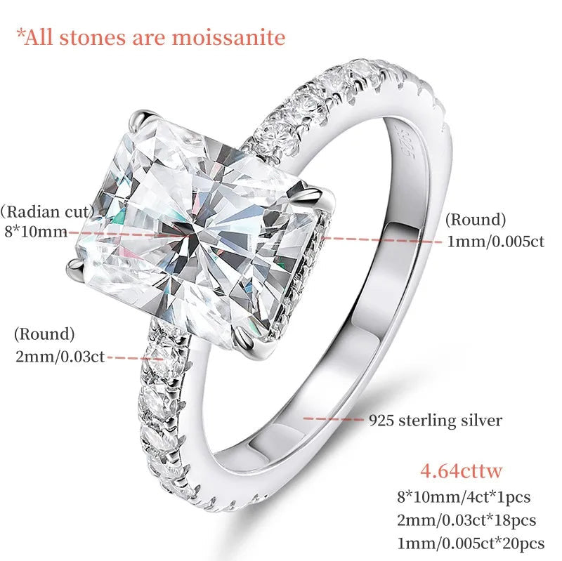 Moissanite Emerald/Radian Cut Rings Sterling Silver Engagement Ring & Wedding Band