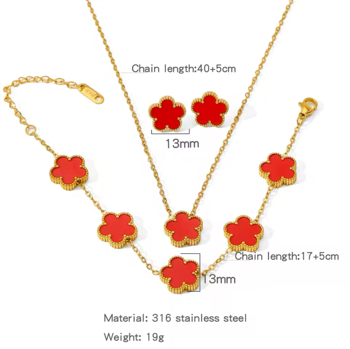 Five Leaf Flower Jewelry Set Stainless Steel Gold Plated Bracelet Necklace Earrings Plum Blossom Plant