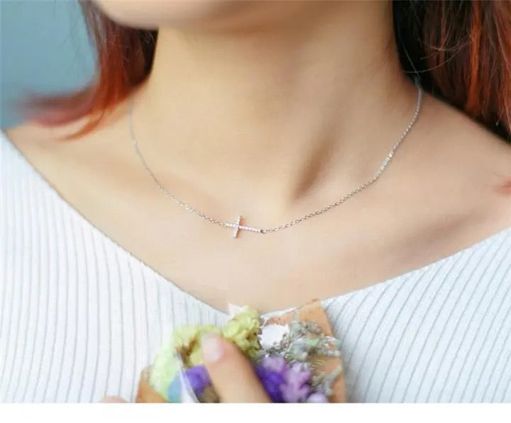 Sterling Silver Sideway Cross CZ Pendant Necklace for Women Girls jewellery