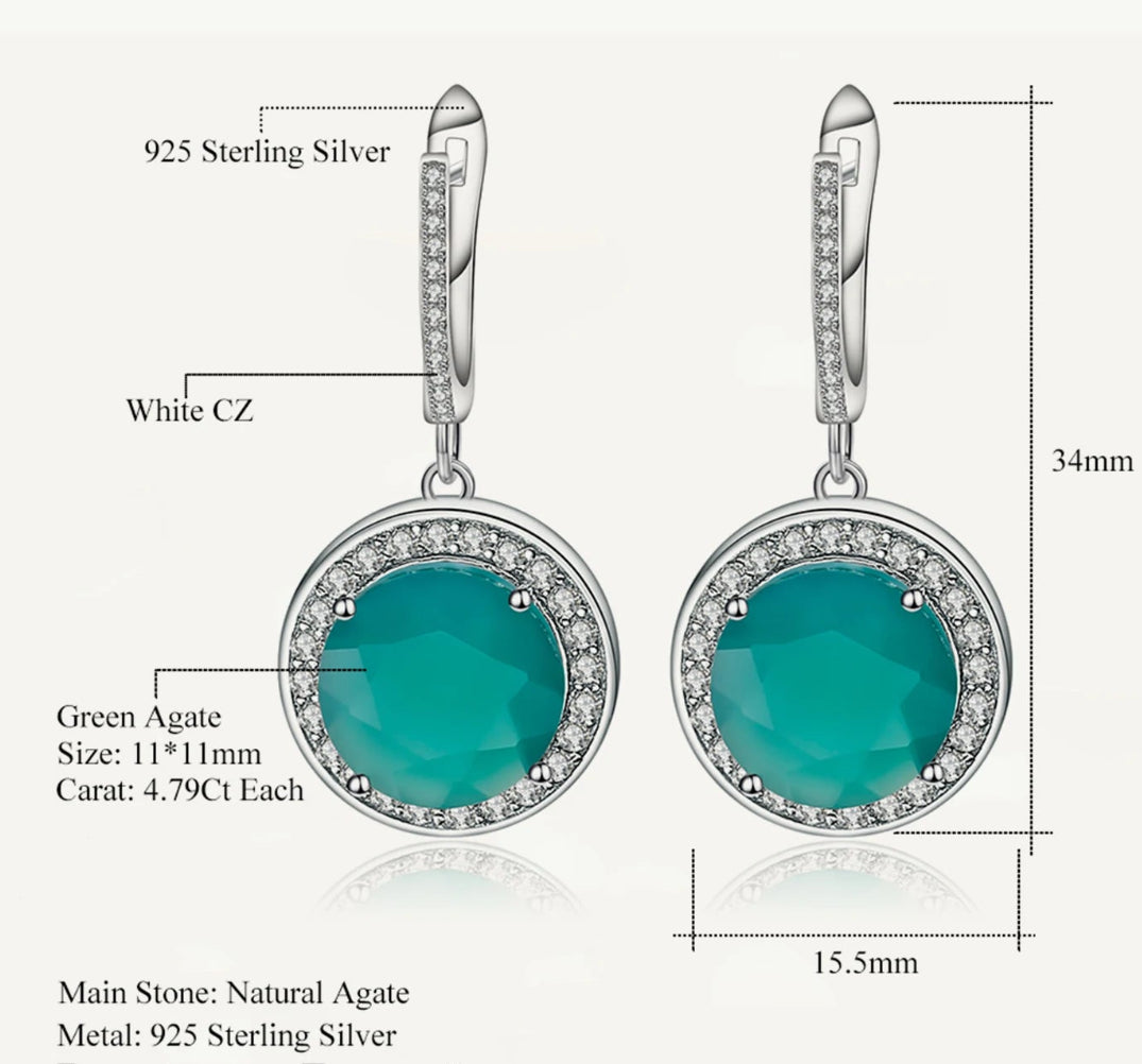 Natural Green Agate Gemstone Drop Earrings Sterling Silver