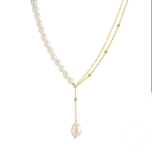 Vintage 925 Sterling Silver Natural Pearl Pendant Double Layered Chain Necklace Jewelry Gift for Women