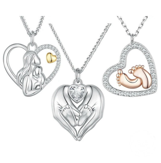 925 Sterling Silver Love Footprint Necklace Mother-child Heart-shape Pendant Chain for Women Fine Jewelry Gifts