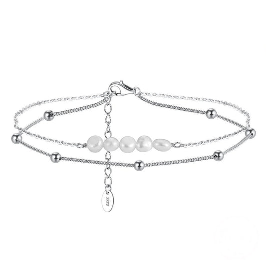 925 Sterling Silver Layered Freshwater Pearl & Cable Chain Anklet for Women