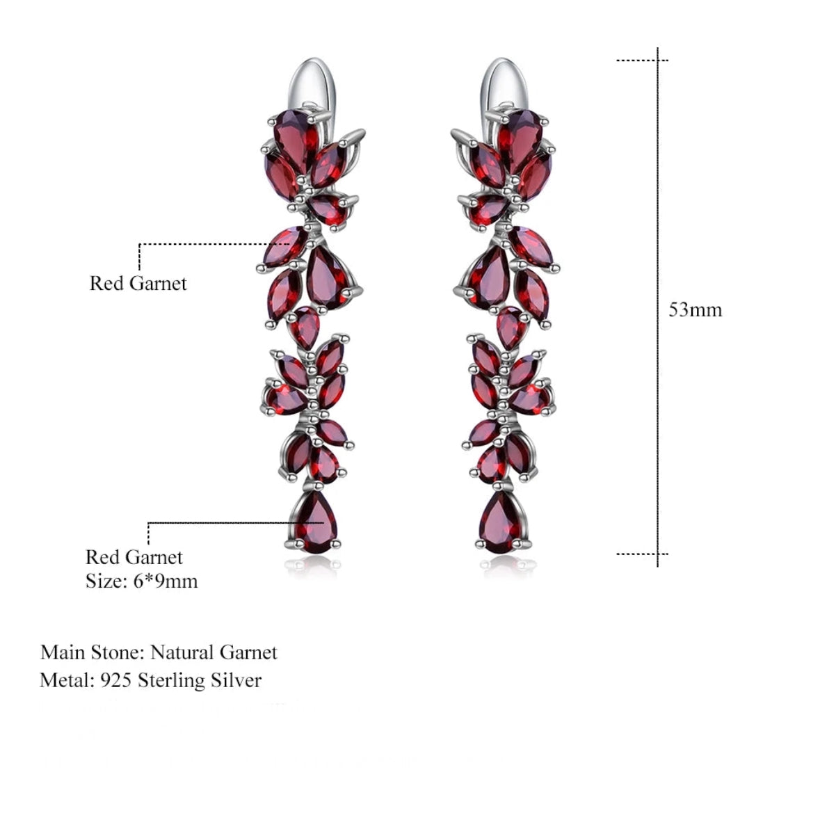Natural Red Garnet Sterling Sliver Leaves Branches Drop Earrings For Women