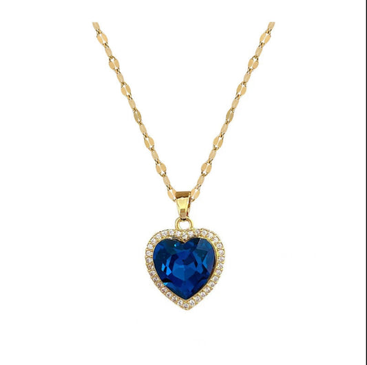 Stainless Steel Blue Heart Zircon Pendant Necklace Chain for Girls Women