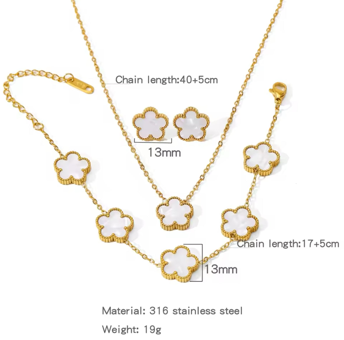 Five Leaf Flower Jewelry Set Stainless Steel Gold Plated Bracelet Necklace Earrings Plum Blossom Plant