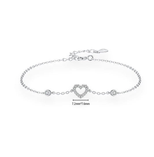 Sterling Silver Charm Heart Zirconia Link Chain Bracelet