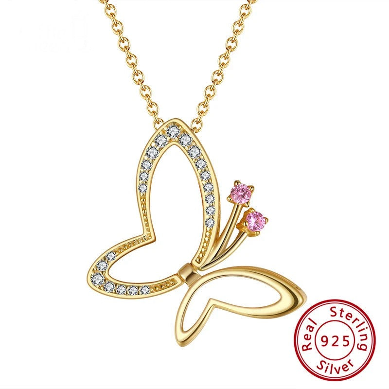 925 Sterling Silver Butterfly Necklaces Pendant 14K Gold plated Necklace for Women Jewellery