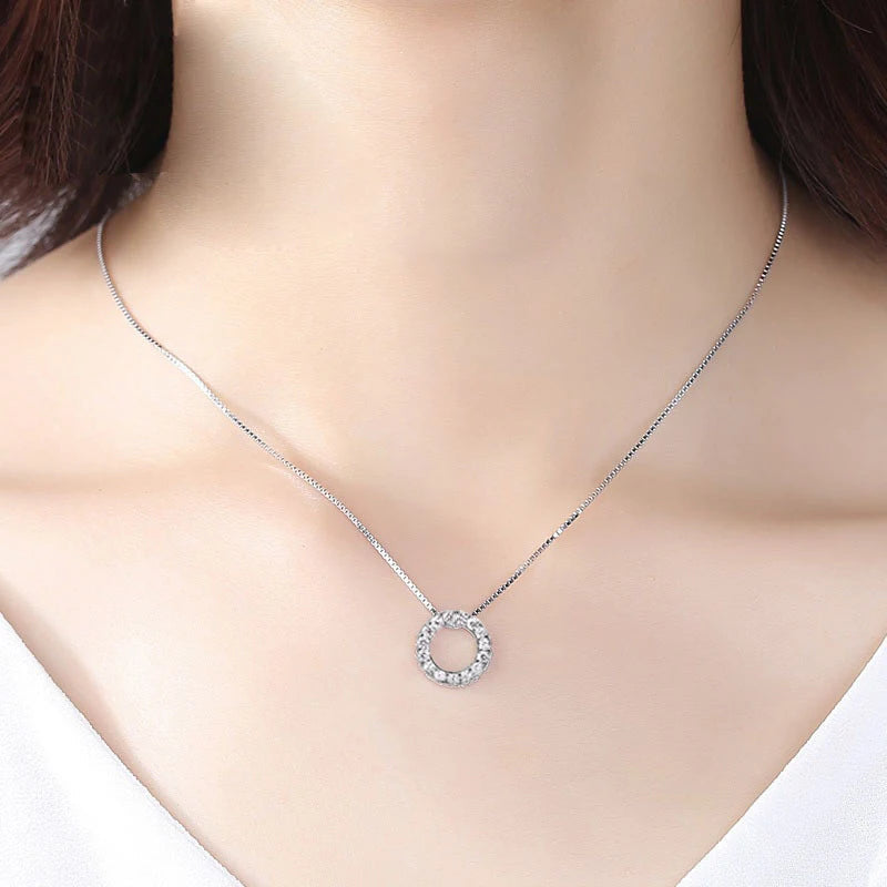 Round Shape Zirconia Sterling Silver Pendant Necklaces Box Chain