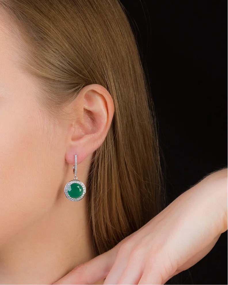 Natural Green Agate Gemstone Drop Earrings Sterling Silver