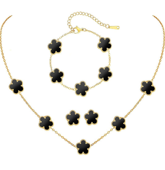 Five Leaf Flower Jewelry Set Stainless Steel Gold Plated Bracelet Necklace Earrings Plum Blossom Plant