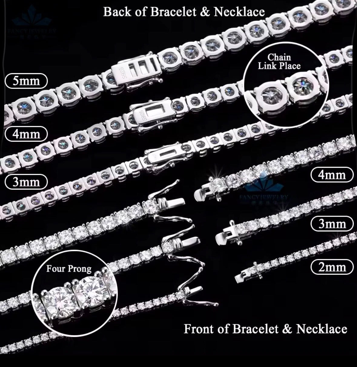 Moissanite Tennis Necklace Sterling Silver 3mm 4mm 5mm 6mm D Color