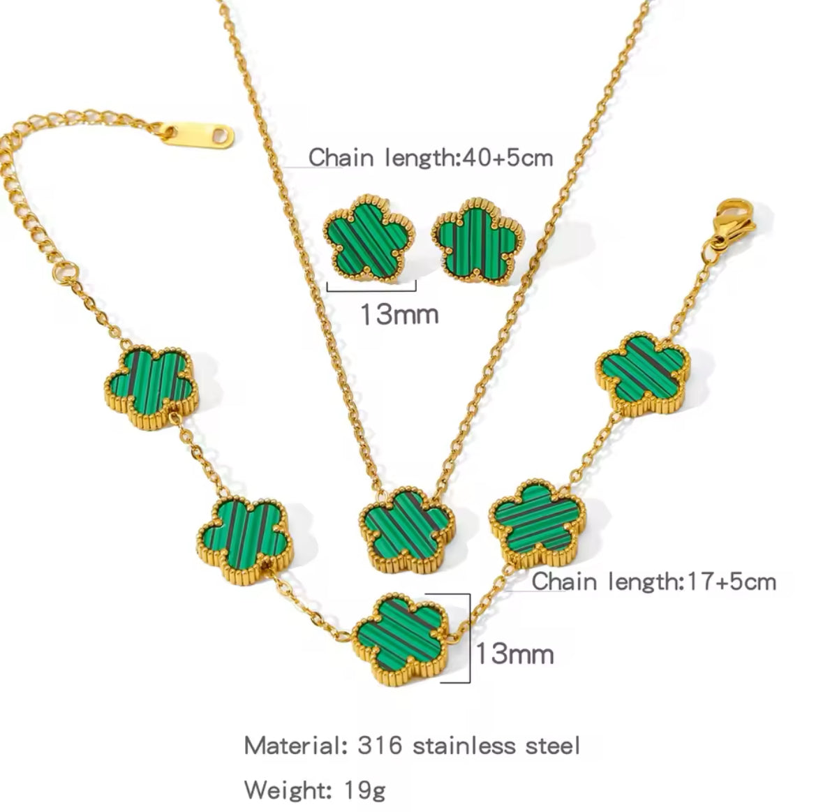 Five Leaf Flower Jewelry Set Stainless Steel Gold Plated Bracelet Necklace Earrings Plum Blossom Plant