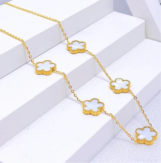 Five Leaf Flower Jewelry Set Stainless Steel Gold Plated Bracelet Necklace Earrings Plum Blossom Plant