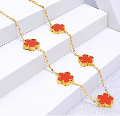 Five Leaf Flower Jewelry Set Stainless Steel Gold Plated Bracelet Necklace Earrings Plum Blossom Plant