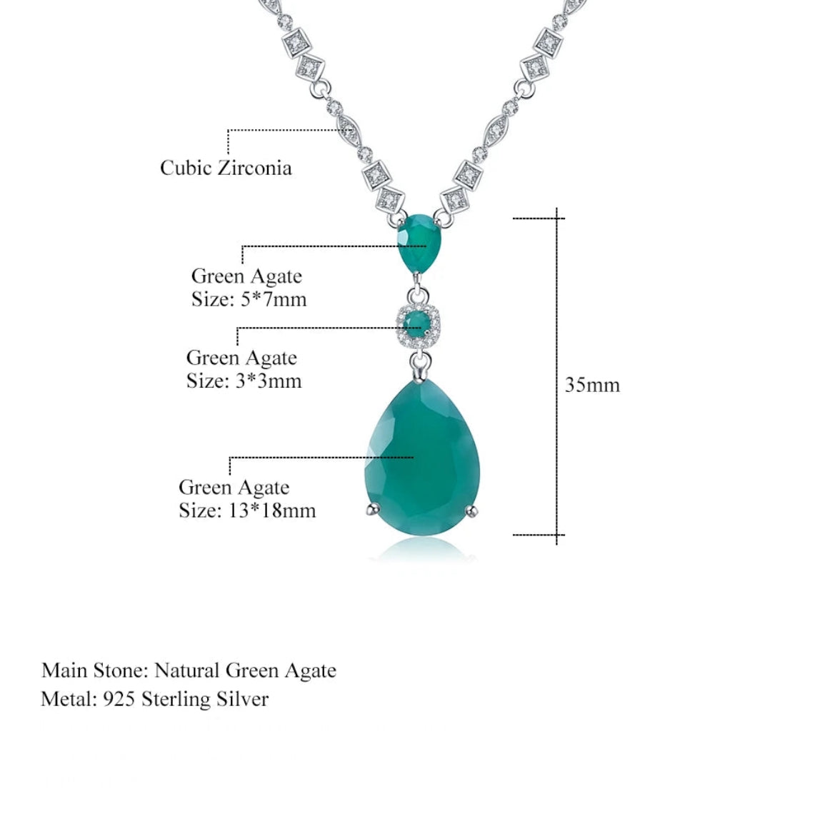 Natural Green Agate Gemstone Pendant Necklace Sterling Silver Vintage Jewelry