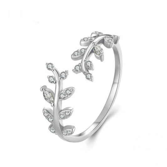 Sterling Silver Zirconia Leaf Branch Adjustable Rings