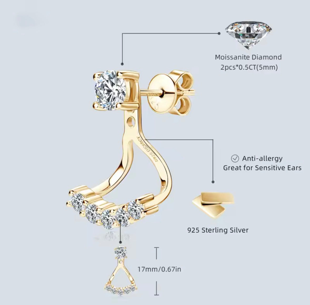 Sterling Silver Moissanite Stud Style Multiple Stones Drop Earrings