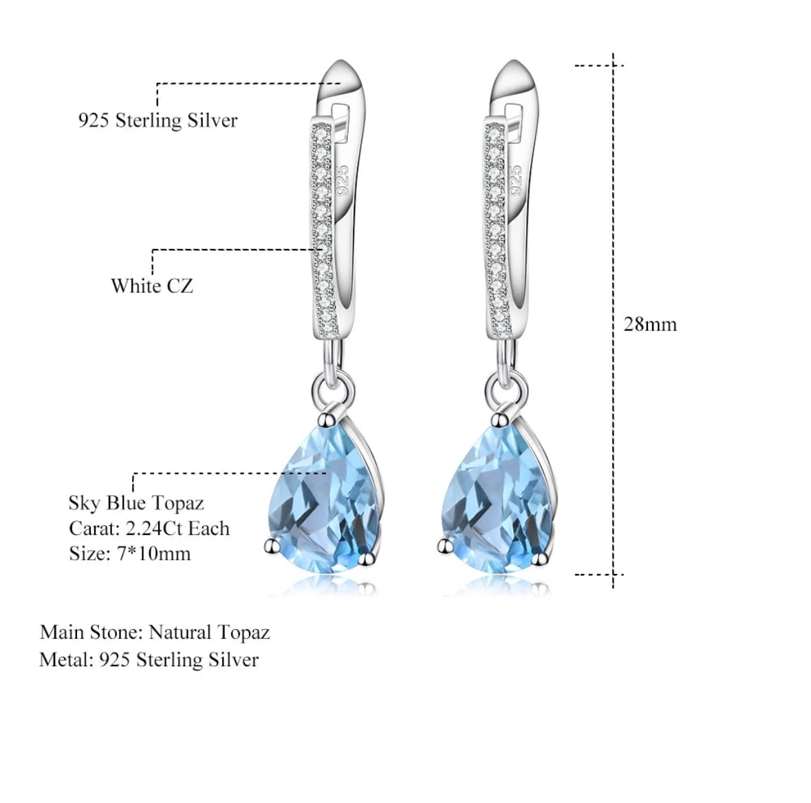 Natural Sky Blue Topaz Sterling Silver Earrings