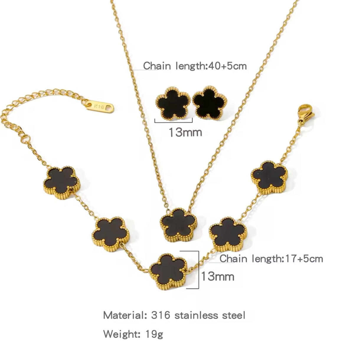 Five Leaf Flower Jewelry Set Stainless Steel Gold Plated Bracelet Necklace Earrings Plum Blossom Plant