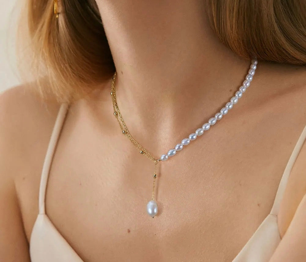 Vintage 925 Sterling Silver Natural Pearl Pendant Double Layered Chain Necklace Jewelry Gift for Women
