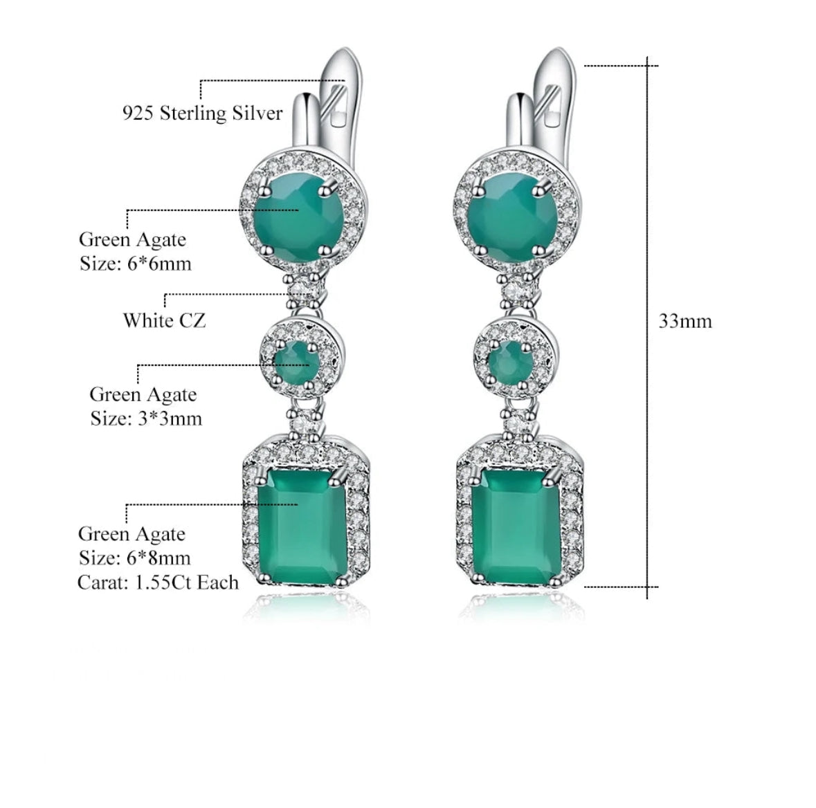 Natural Green Agate Drop Earrings Sterling Silver Vintage Earrings