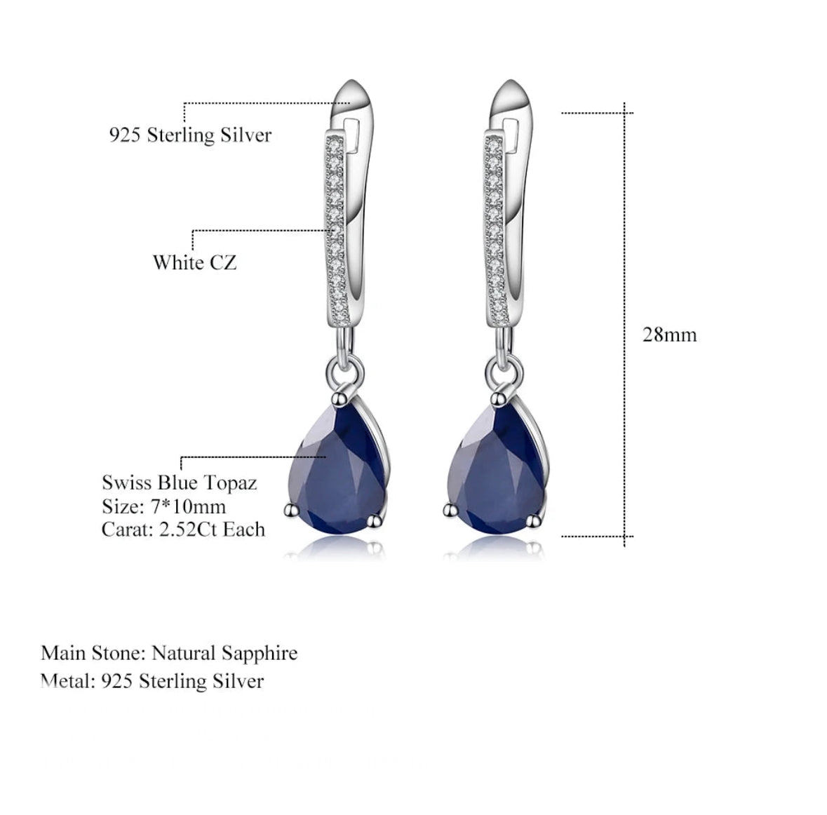 Natural Blue Sapphire Gemstone Drop Sterling Silver Earrings
