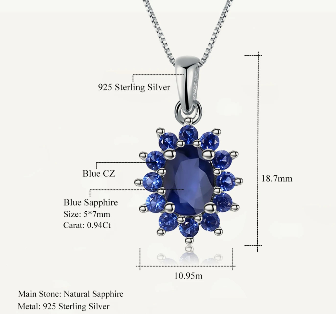 Natural Blue Sapphire Pendants Necklace Sterling Silver
