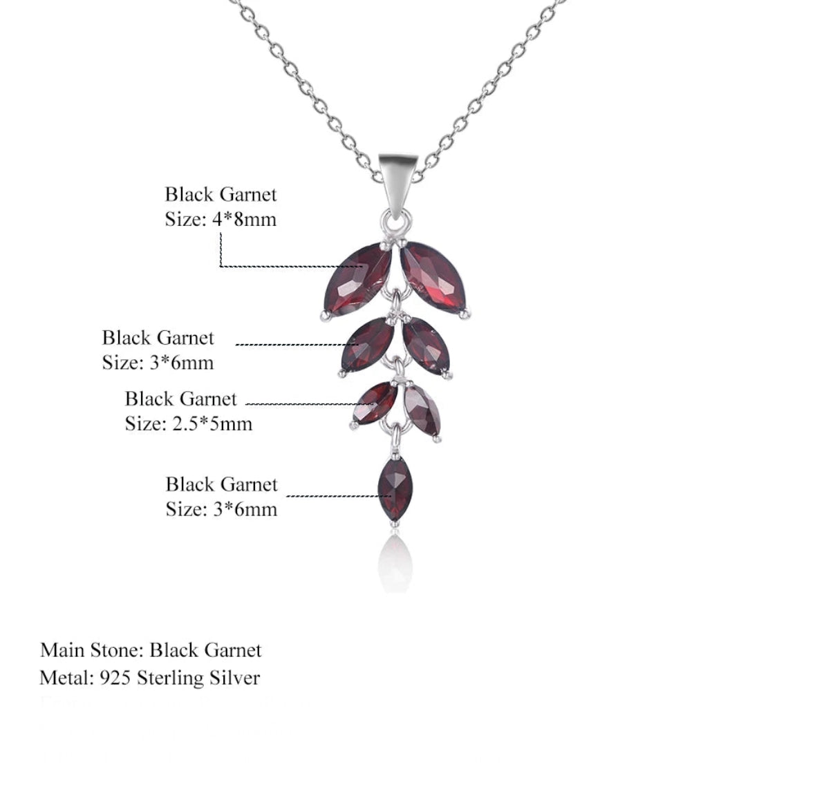 Natural Black Garnet Gemstone Pendant Necklace in Sterling Silver