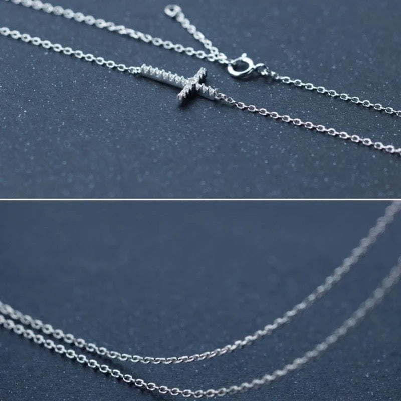 Sterling Silver Sideway Cross CZ Pendant Necklace for Women Girls jewellery