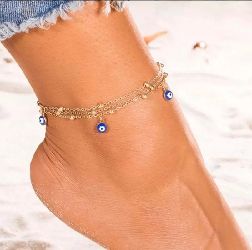 Devil's Eyes Simple Eyes Multi-layer Anklet Alloy Color Ladies Colorful Turkish Eyes Anklets for Women Gold