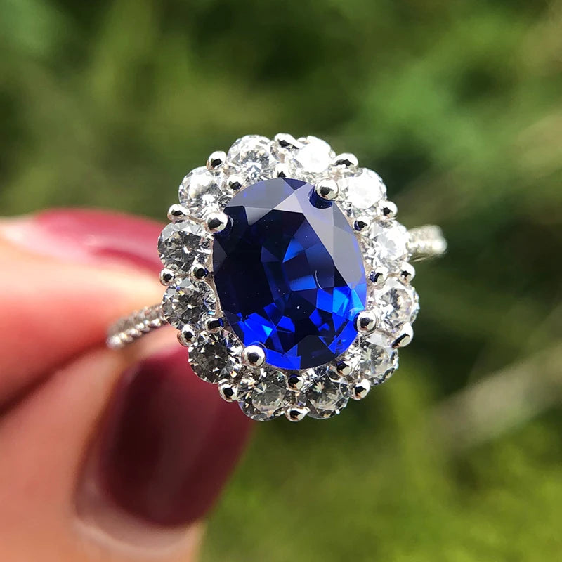 Halo Oval Created Sapphire Sterling Silver Engagement & Wedding Ring