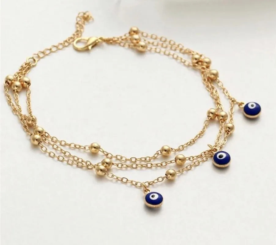 Devil's Eyes Simple Eyes Multi-layer Anklet Alloy Color Ladies Colorful Turkish Eyes Anklets for Women Gold