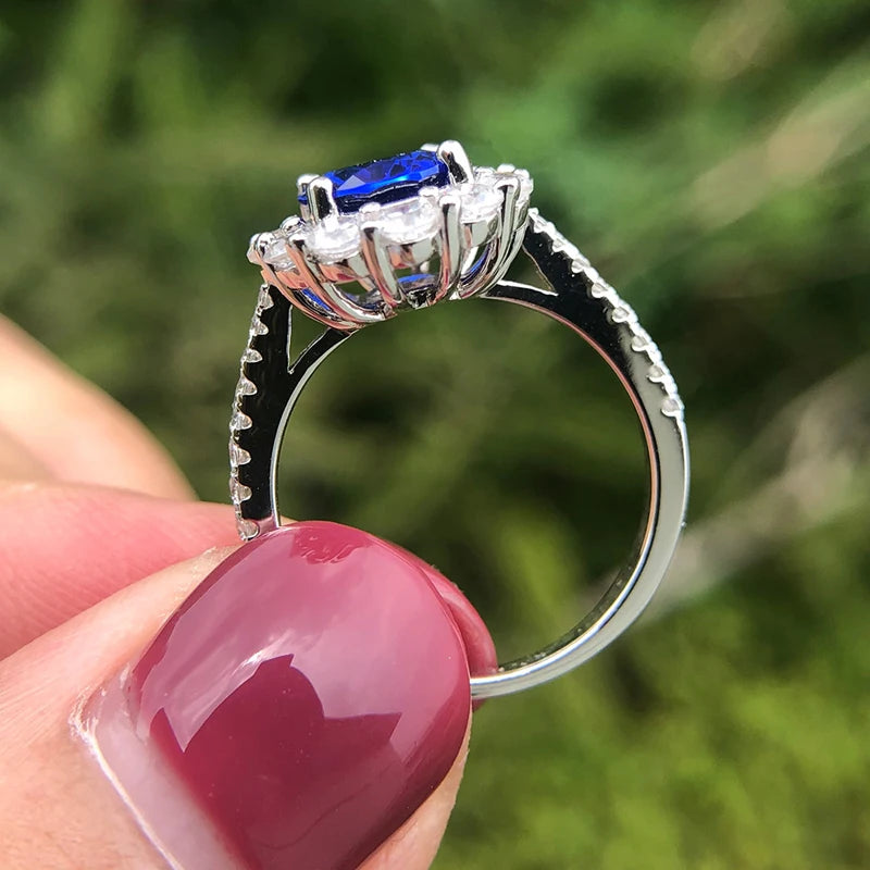 Halo Oval Created Sapphire Sterling Silver Engagement & Wedding Ring