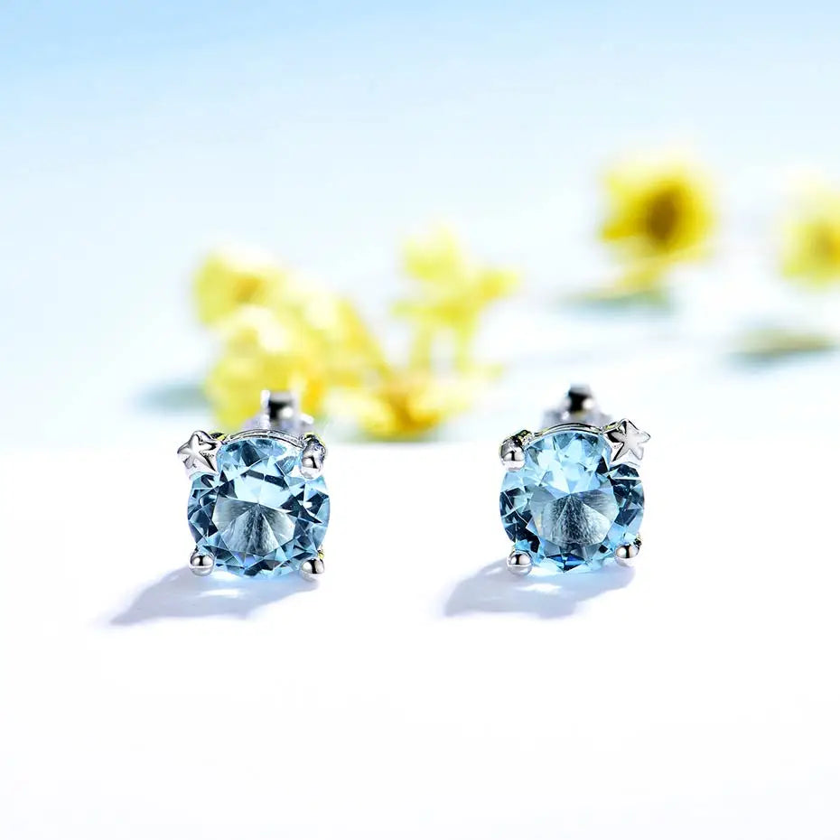 Solid 925 Sterling Silver Gemstone Stud Earrings for Women