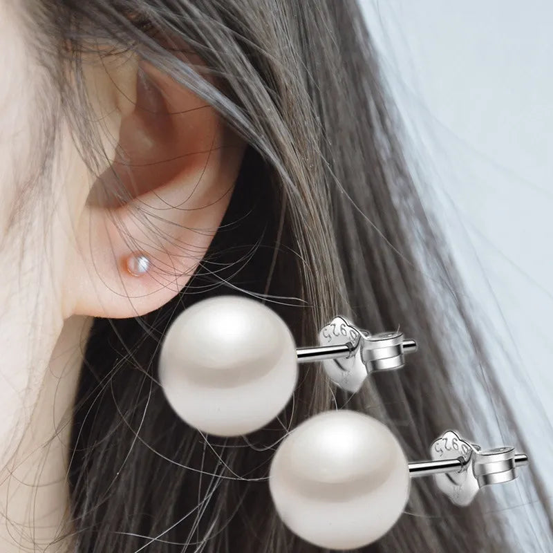 Sterling Silver 6mm/8mm/10mm Freshwater Cultured Pearl Button Ball Stud Earrings