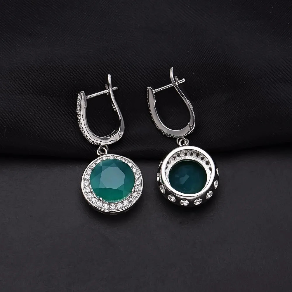 Natural Green Agate Gemstone Drop Earrings Sterling Silver