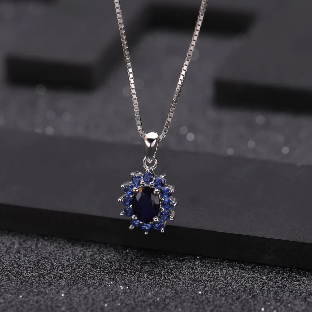 Natural Blue Sapphire Pendants Necklace Sterling Silver