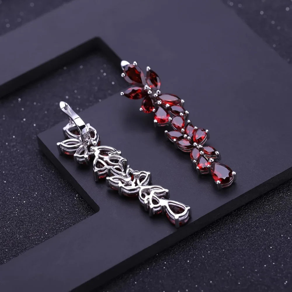 Natural Red Garnet Sterling Sliver Leaves Branches Drop Earrings For Women