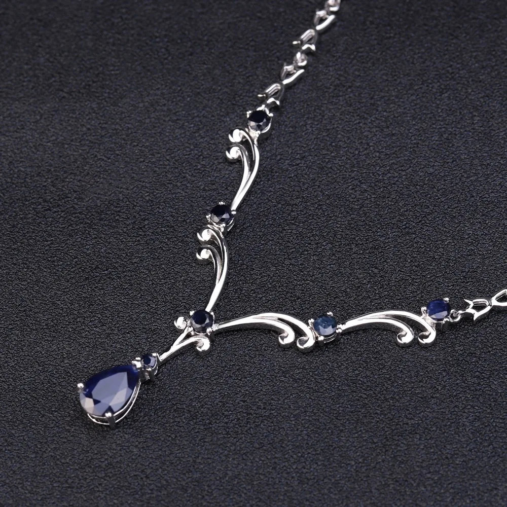 Natural Blue Sapphire Gemstone Sterling Silver Vintage Necklace