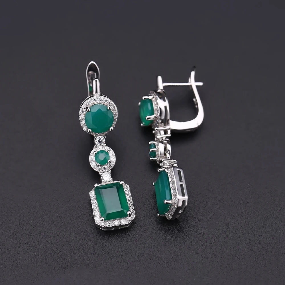 Natural Green Agate Drop Earrings Sterling Silver Vintage Earrings