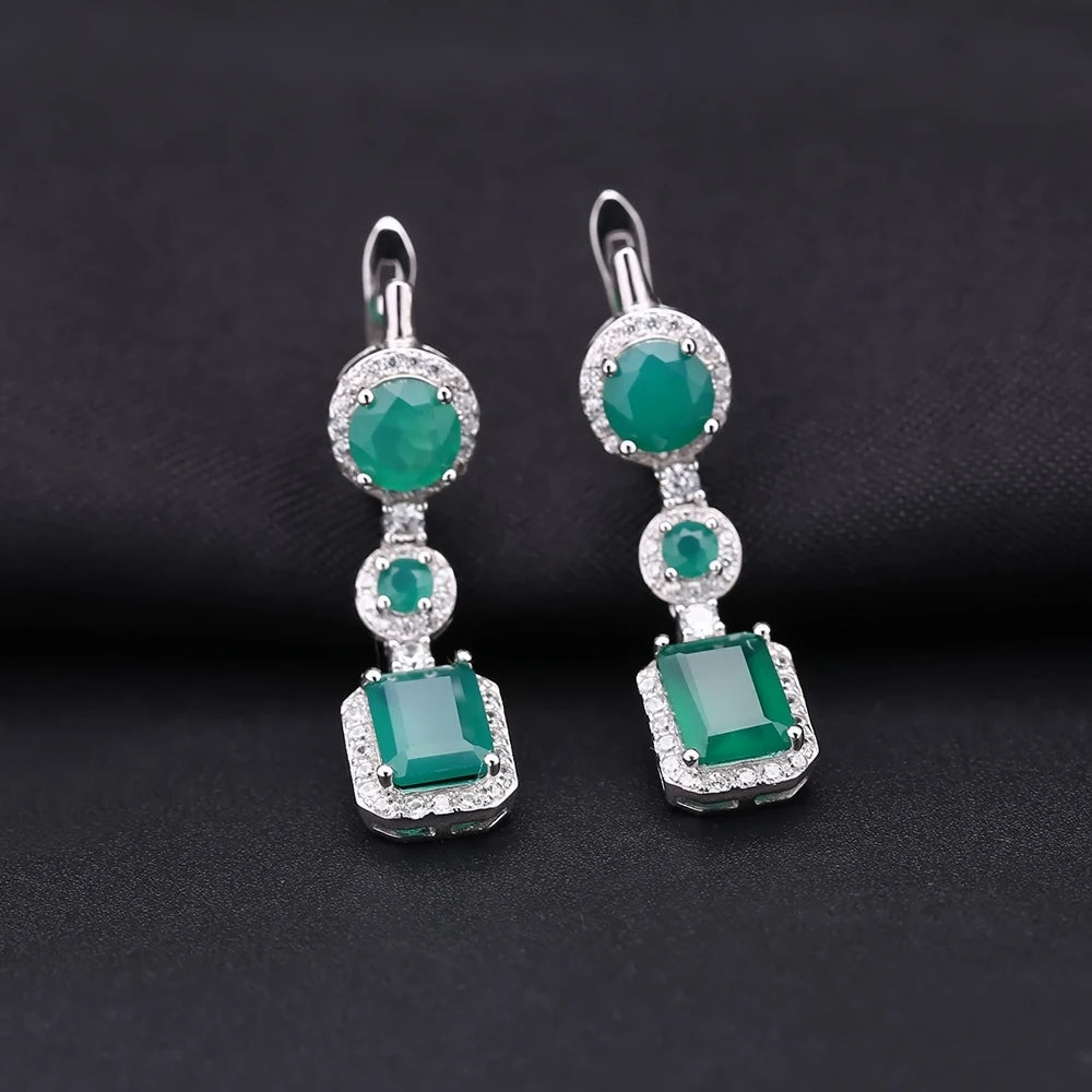 Natural Green Agate Drop Earrings Sterling Silver Vintage Earrings
