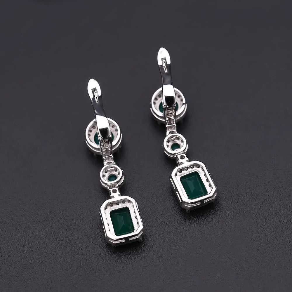 Natural Green Agate Drop Earrings Sterling Silver Vintage Earrings